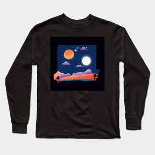 A whimsical cartoon landscape of a starry night sky with a bright full moon illuminating the landscape with in a box Long Sleeve T-Shirt